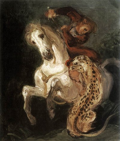 Jaguar die een ruiter aanvalt door Ferdinand Victor Eugene Delacroix